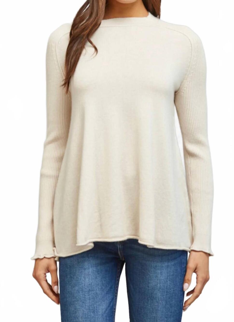 NEW FATE ribbed knit sleeve cashmere blend crewneck sweater in cream
